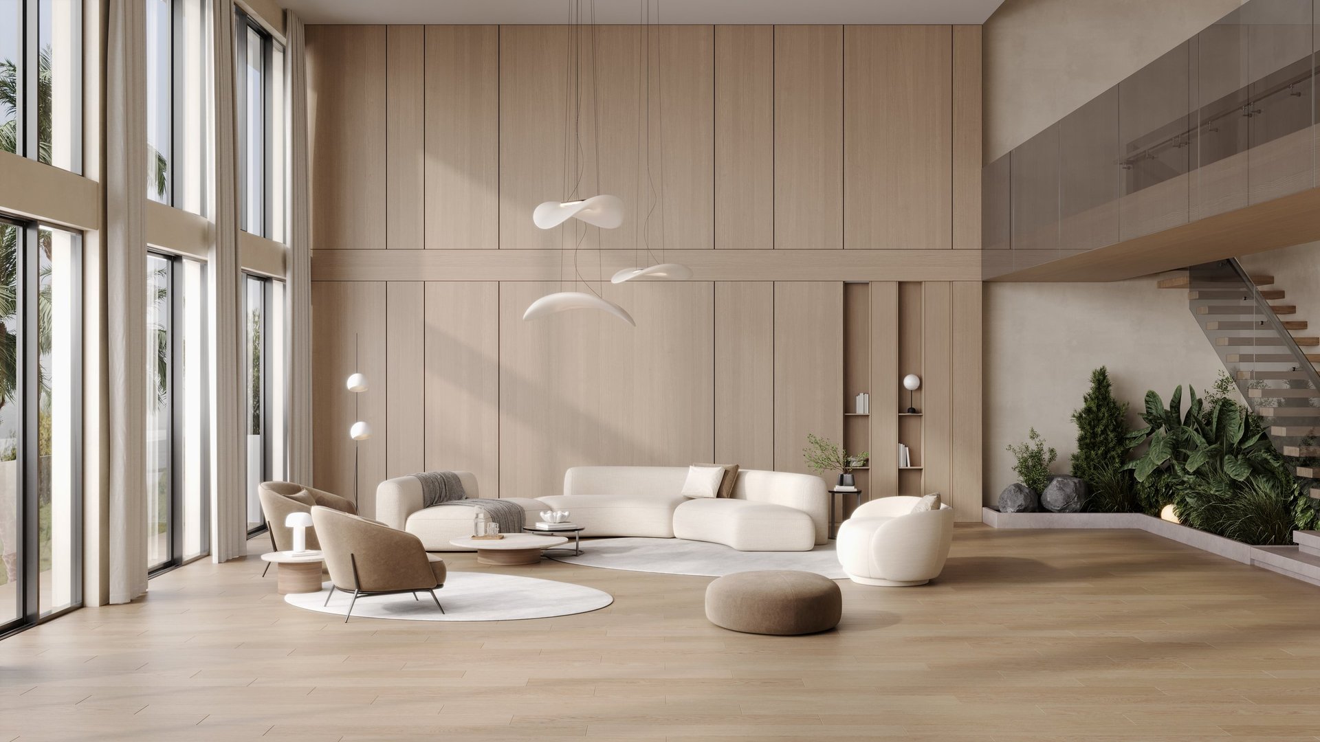 Luxury modern villa interior with wooden walls, soft beige sofas, designer lamps, panoramic windows and elegant minimalist decor