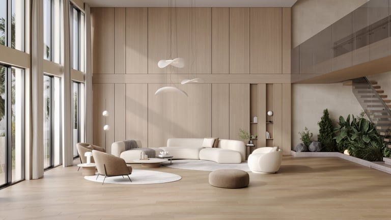 Luxury modern villa interior with wooden walls, soft beige sofas, designer lamps, panoramic windows and elegant minimalist decor
