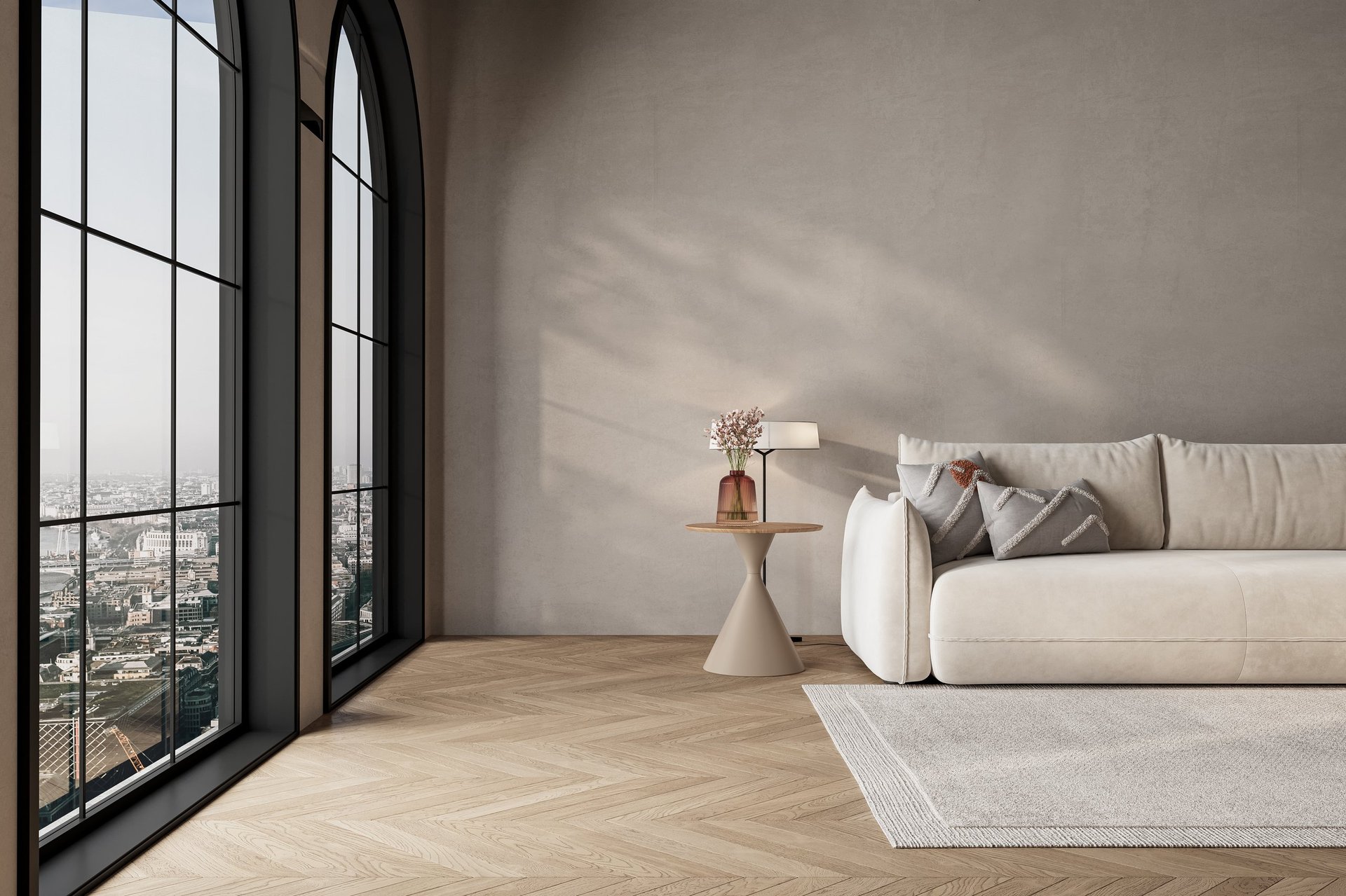 Luxury minimalist living room with arched windows, beige sofa, and natural daylight over herringbone wood floor