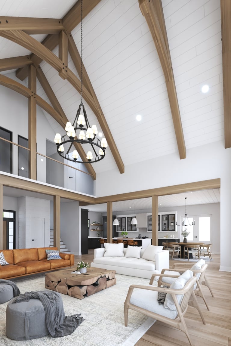 A bright and airy living room featuring high ceilings with wooden beams, large windows, and a stylish chandelier on a plush area rug.
